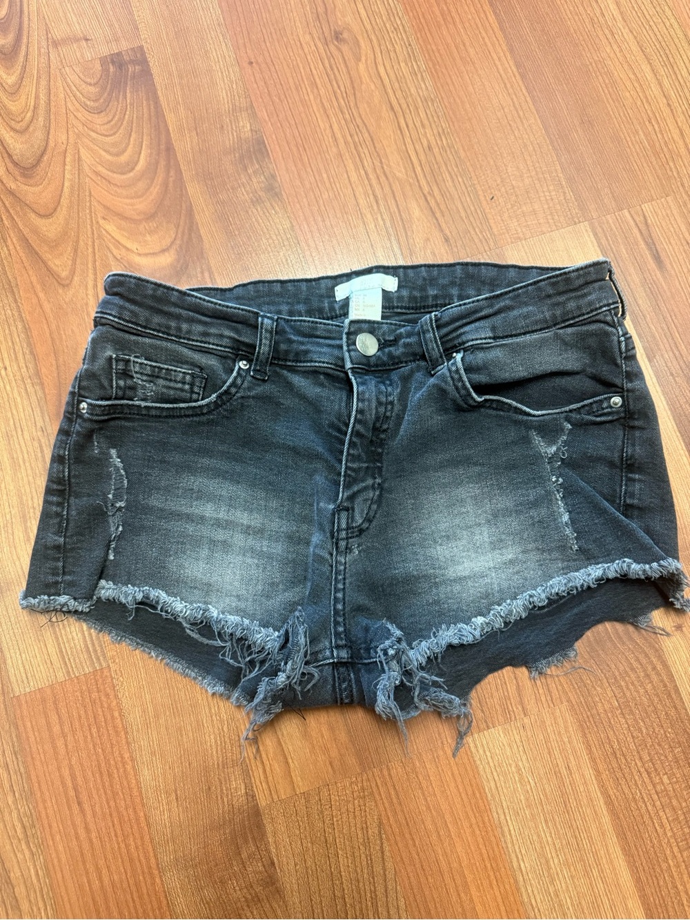H&M Black Washed Denim Frayed Cut-Off Shorts